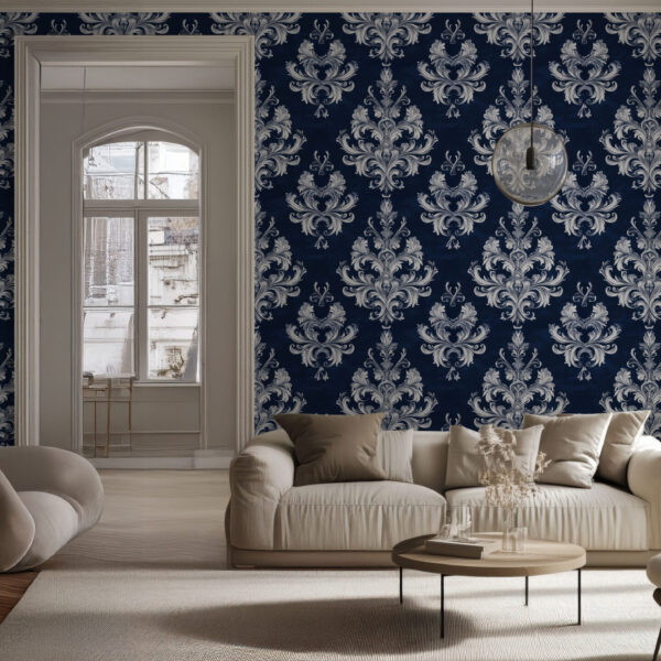 Elegant Navy Blue Baroque Floral Wallpaper