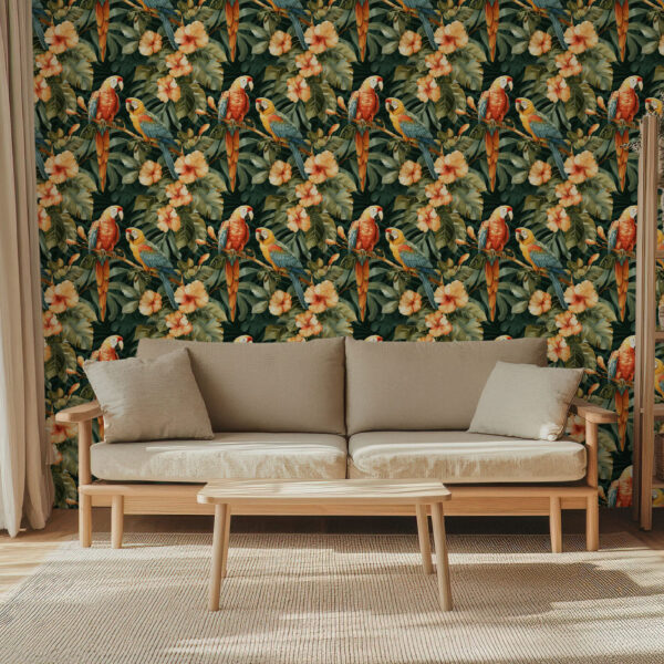 Tropical Paradise Floral and Parrot Wallpaper