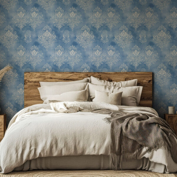 Elegant Blue Floral Damask Wallpaper