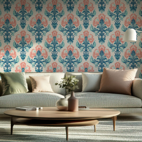 Elegant Flourish Damask Teal and Coral Wallpaper