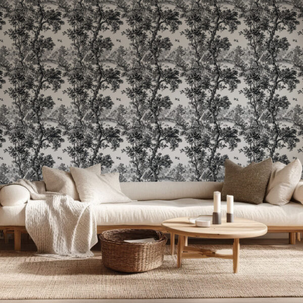 Elegant Black and Gray Woodland Scenic Wallpaper