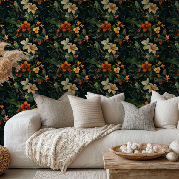 Exotic Botanical Hummingbirds and Flowers Wallpaper