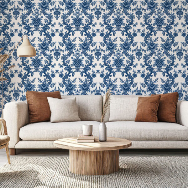 Elegant Floral Baroque Blue Wallpaper