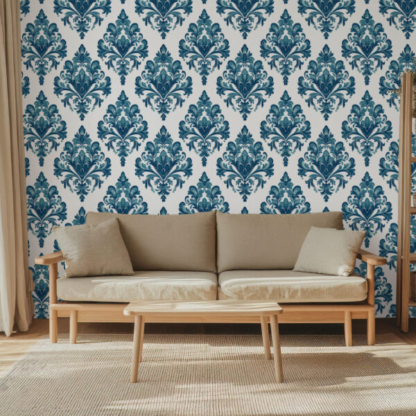Elegant Blue Floral Damask Wallpaper