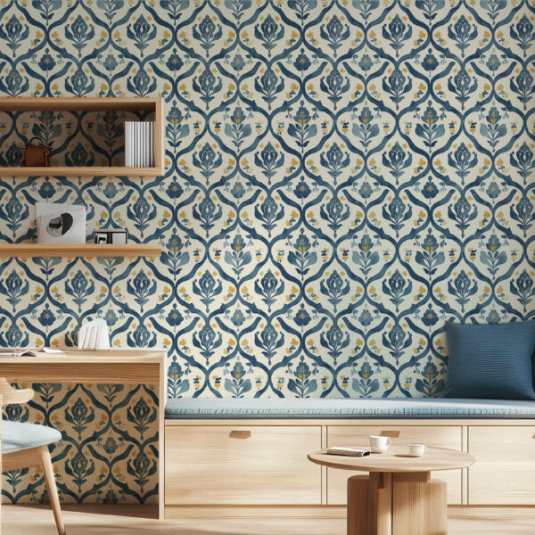 Elegant Blue and Gold Floral Wallpaper