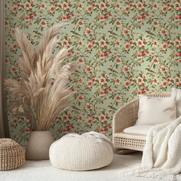Vintage Floral Wallpaper with Birds