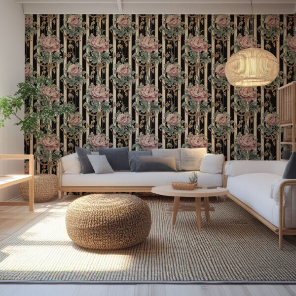Vintage Floral Elegance with Bold Stripes Wallpaper