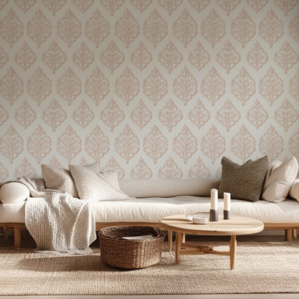 Elegant Beige Foliage Damask Wallpaper