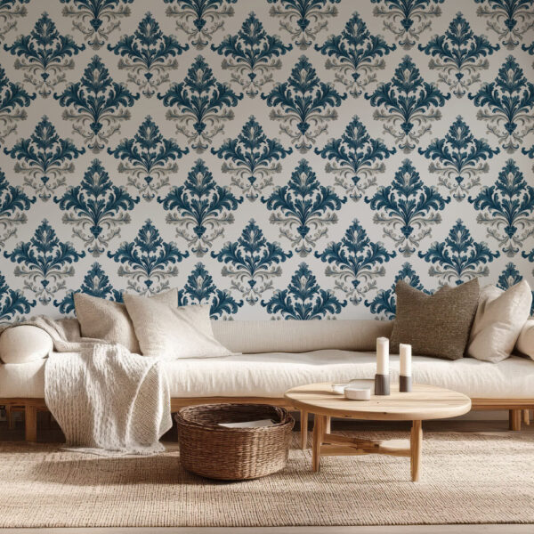 Elegant Baroque Blue and Gray Wallpaper Design