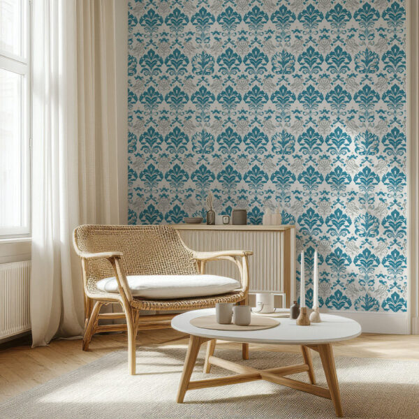 Elegant Baroque Floral Teal and Gray Wallpaper