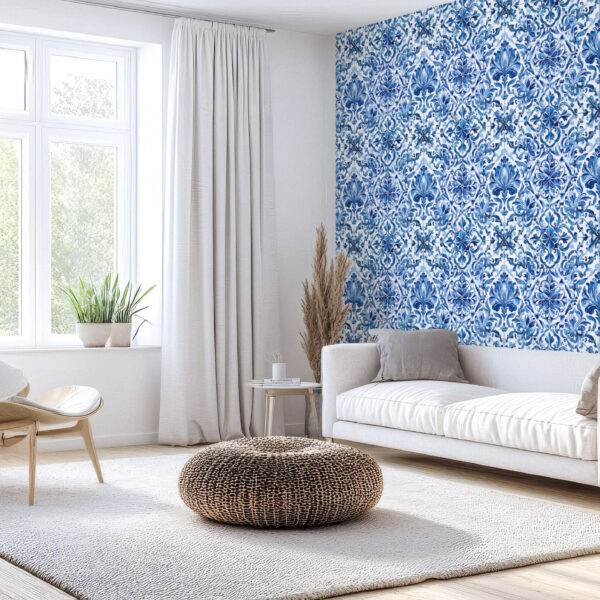 Elegant Blue Floral Tile Print Wallpaper