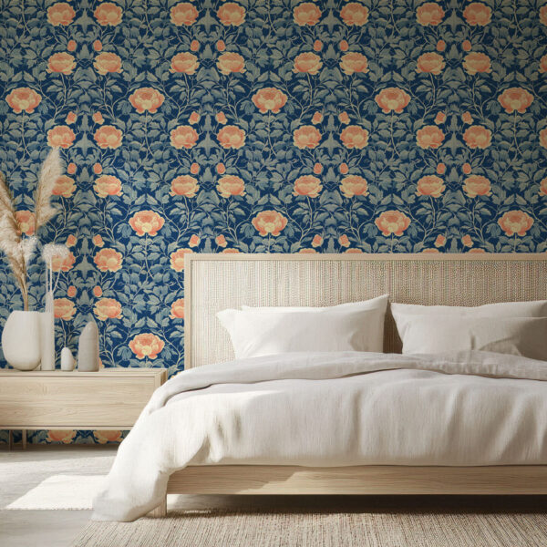Vintage Floral Elegance on Blue Wallpaper