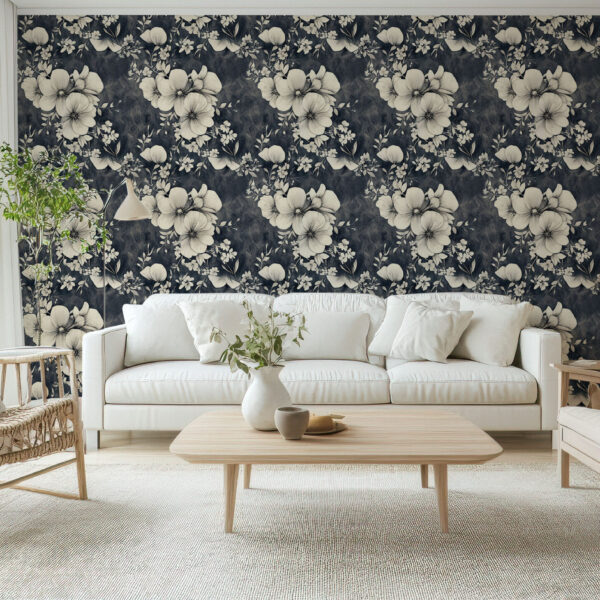 Elegant Floral Pattern Dark Blue Wallpaper