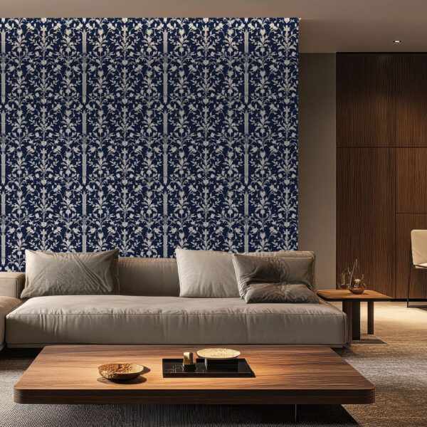 Elegant Floral White and Navy Wallpaper