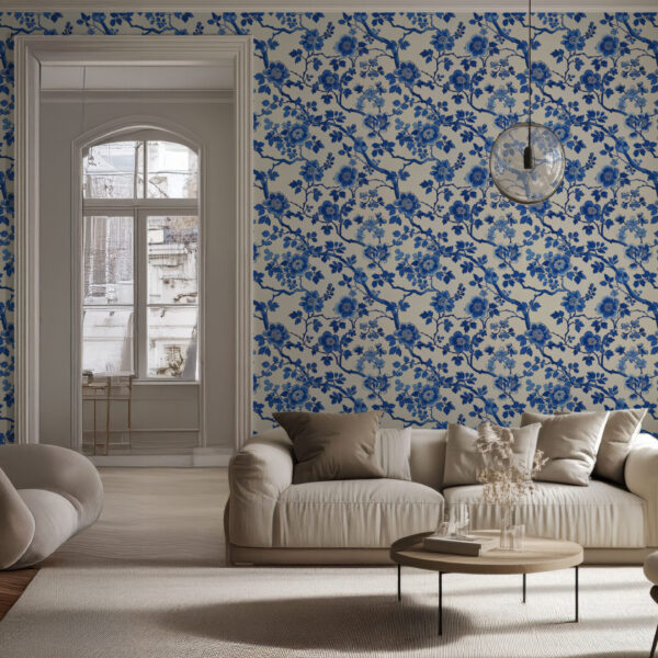 Elegant Floral Blue-White Botanical Wallpaper