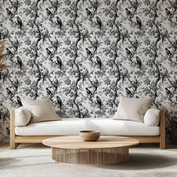 Elegant Botanical Parrot Black and Gray Wallpaper